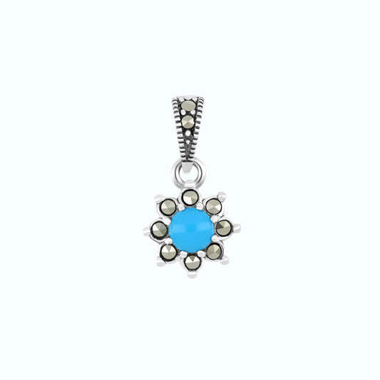 Sterling Silver 925 Pendant Embedded With Natural Processed Turquoise And Marcasite Stones