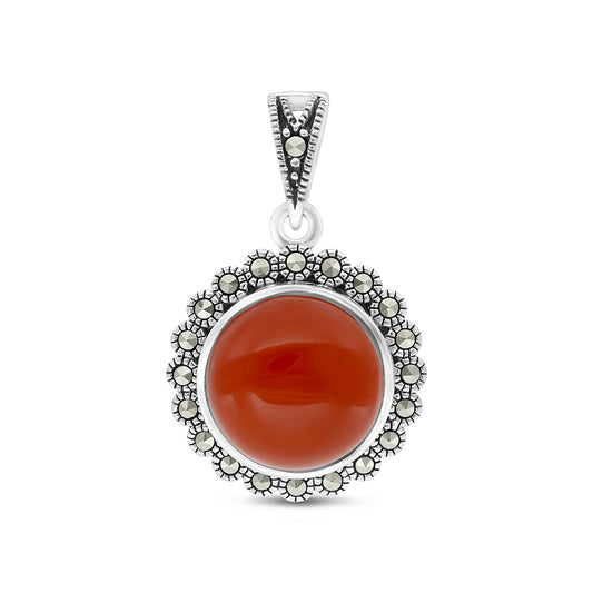 Sterling Silver 925 Pendant Embedded With Natural Aqiq And Marcasite Stones