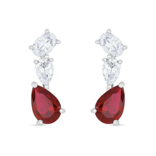 Sterling Silver 925 Earring Rhodium Plated Embedded With Ruby Corundum And White Zircon