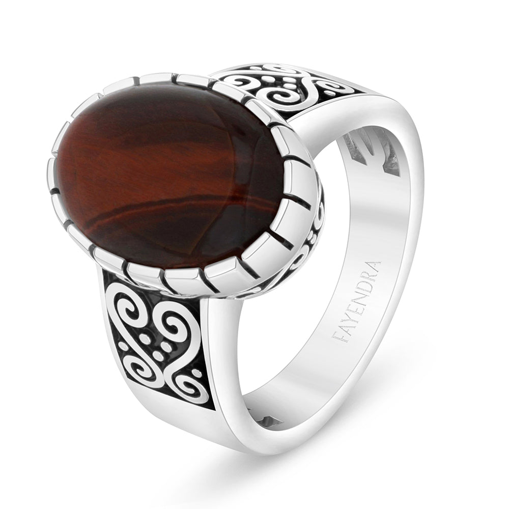 Sterling Silver 925 Ring Rhodium And Black Plated Embedded With Cabochon Red Tiger Eye For Men