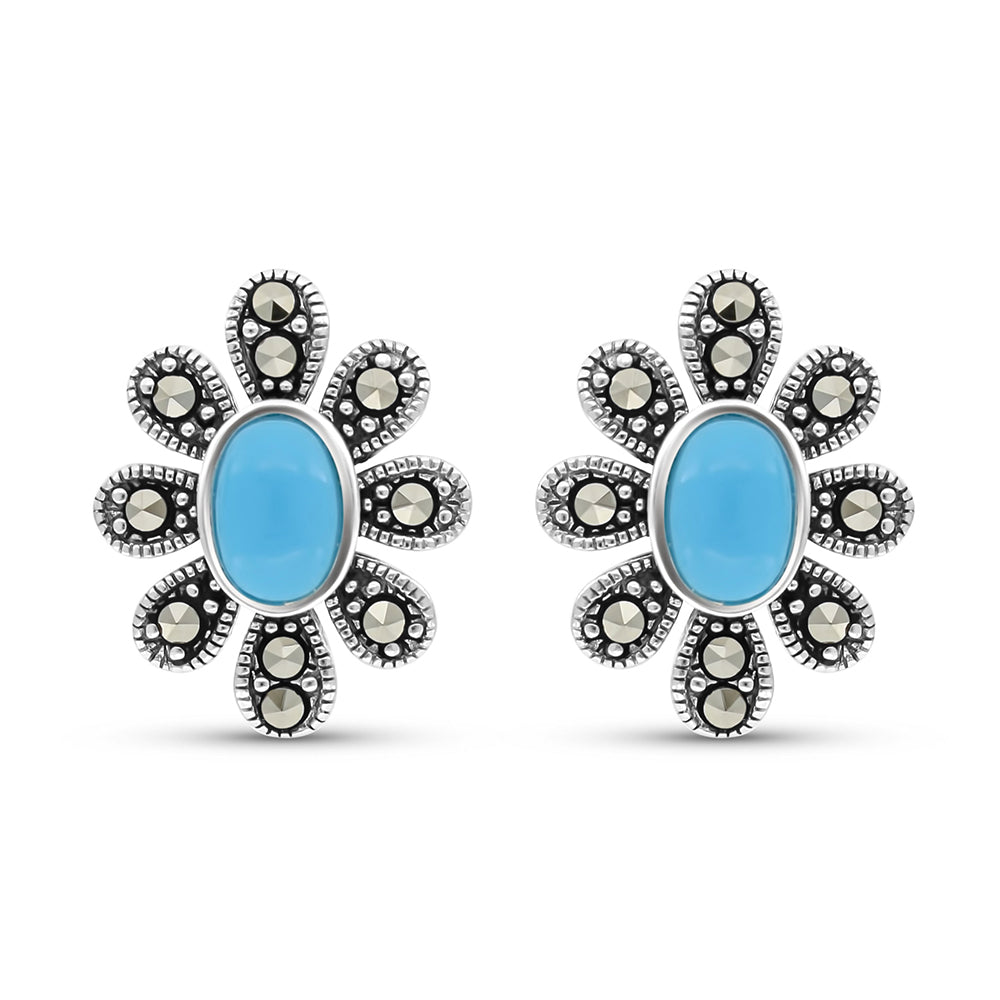 Sterling Silver 925 Earring Embedded With Natural Processed Turquoise And Marcasite Stones