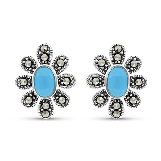 Sterling Silver 925 Earring Embedded With Natural Processed Turquoise And Marcasite Stones