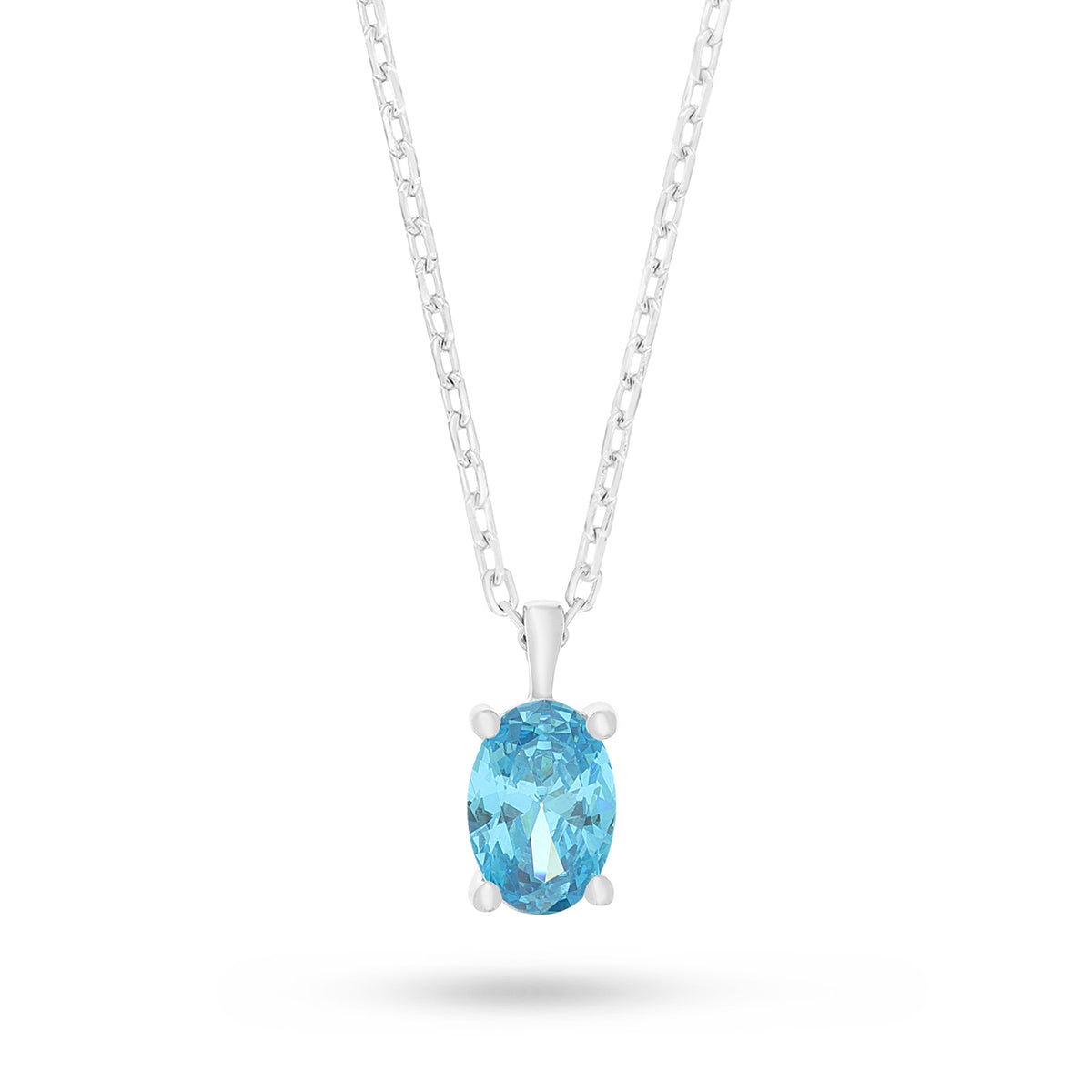 Sterling Silver 925 Necklace Rhodium Plated Embedded With Aqua Zircon Color And White Zircon