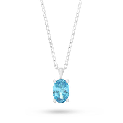 Sterling Silver 925 Necklace Rhodium Plated Embedded With Aqua Zircon Color And White Zircon