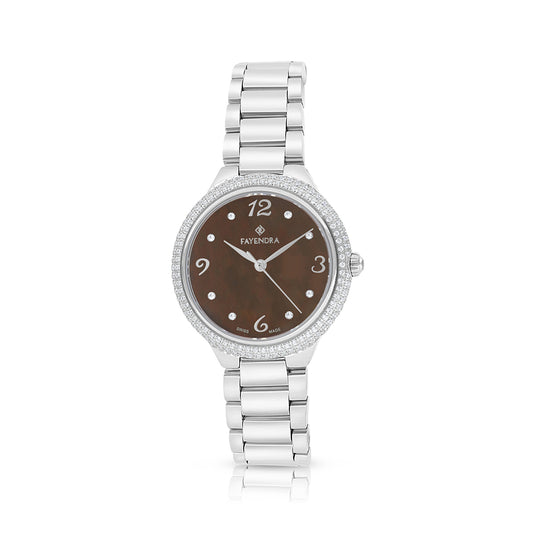 Stainless Steel 316L Watch Silver Color With White Zircon - coffee MOP dial