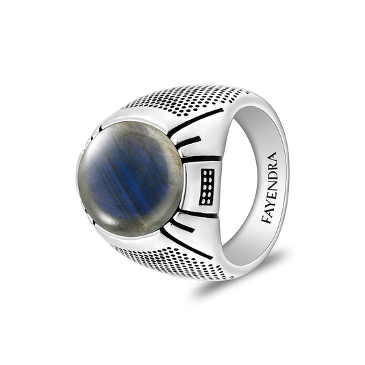 Sterling Silver 925 Ring Rhodium And Black Plated Embedded With Cabochon Labradorite For Men