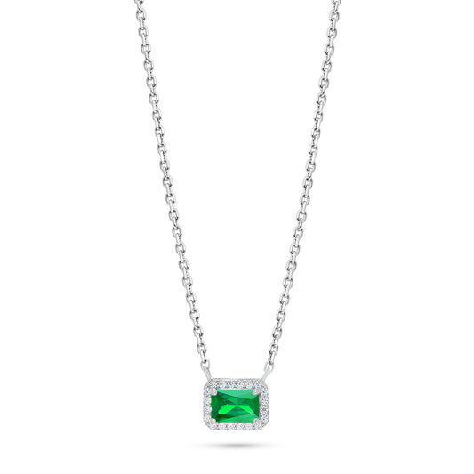 Sterling Silver 925 Necklace Rhodium Plated Embedded With Emerald Zircon And White Zircon