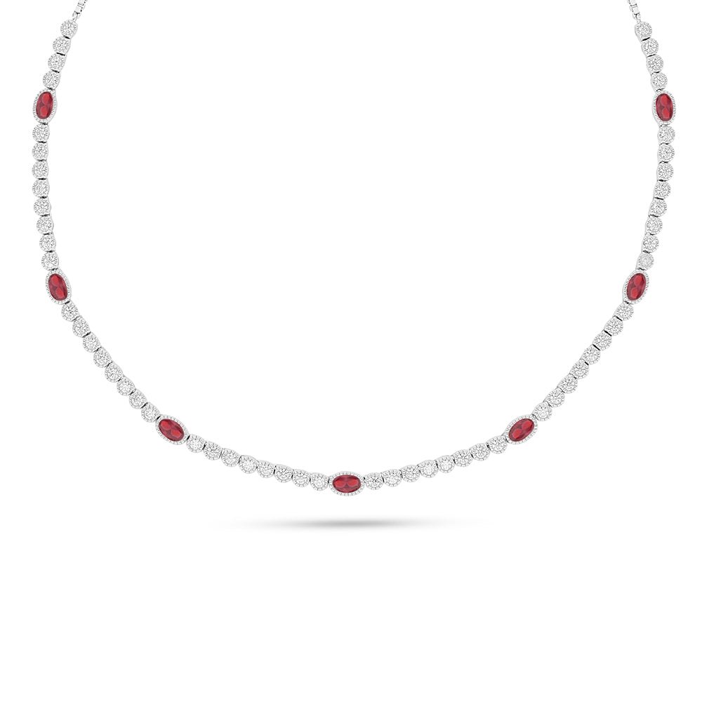 Sterling Silver 925 Necklace Rhodium Plated Embedded With Ruby Corundum And White Zircon