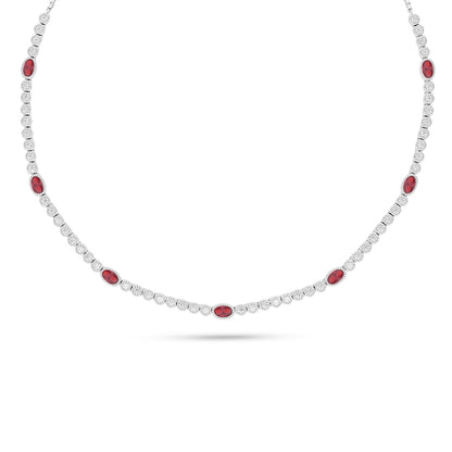 Sterling Silver 925 Necklace Rhodium Plated Embedded With Ruby Corundum And White Zircon