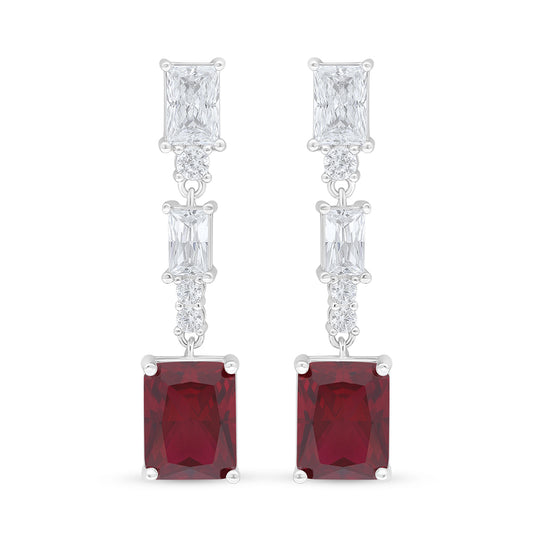 Sterling Silver 925 Earring Rhodium Plated Embedded With Ruby Corundum And White Zircon