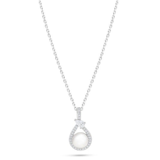 Sterling Silver 925 Necklace Rhodium Plated Embedded With Natural White Pearl And White Zircon