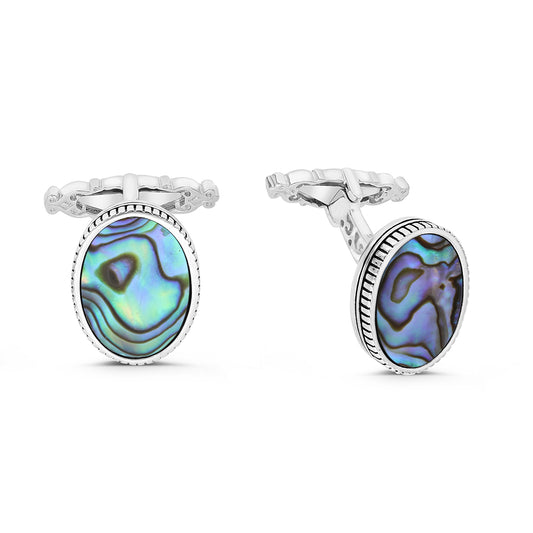 Sterling Silver 925 Cufflink Rhodium And Black Plated Embedded With Blue Shell