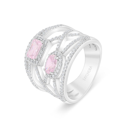 Sterling Silver 925 Ring Rhodium Plated Embedded With Pink Zircon And White Zircon