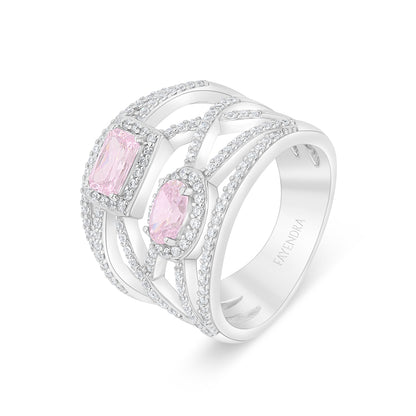 Sterling Silver 925 Ring Rhodium Plated Embedded With Pink Zircon And White Zircon
