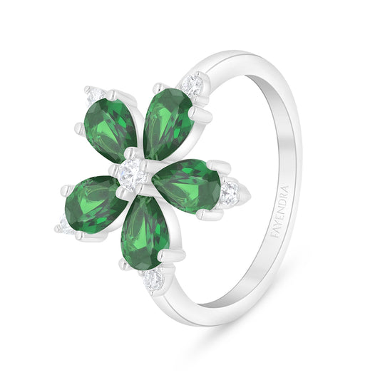 Sterling Silver 925 Ring Rhodium Plated Embedded With Emerald Zircon And White Zircon