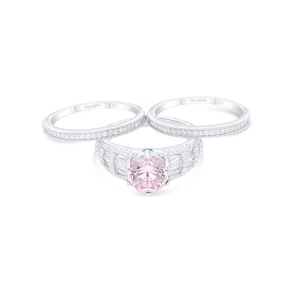 Sterling Silver 925 Ring (3pcs) Rhodium Plated Embedded With Pink Zircon And White Zircon
