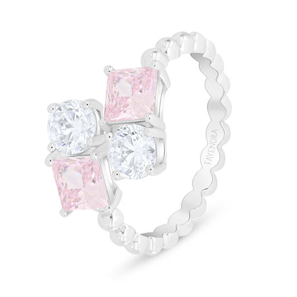 Sterling Silver 925 Ring Rhodium Plated Embedded With Pink Zircon And White Zircon