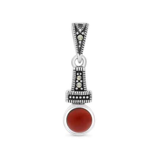 Sterling Silver 925 Pendant Embedded With Natural Aqiq And Marcasite Stones
