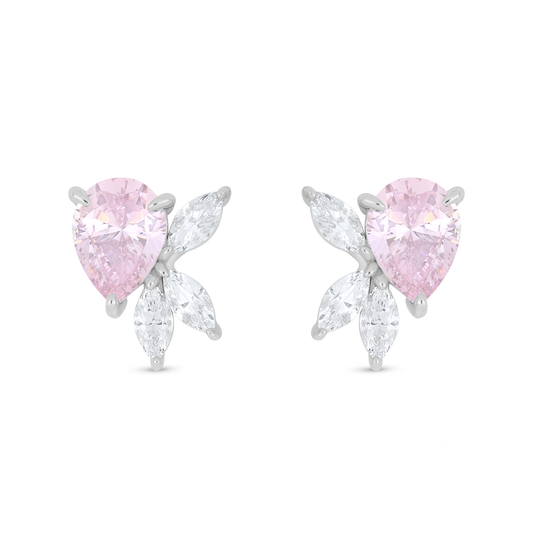 Sterling Silver 925 Earring Rhodium Plated Embedded With pink Zircon And White Zircon