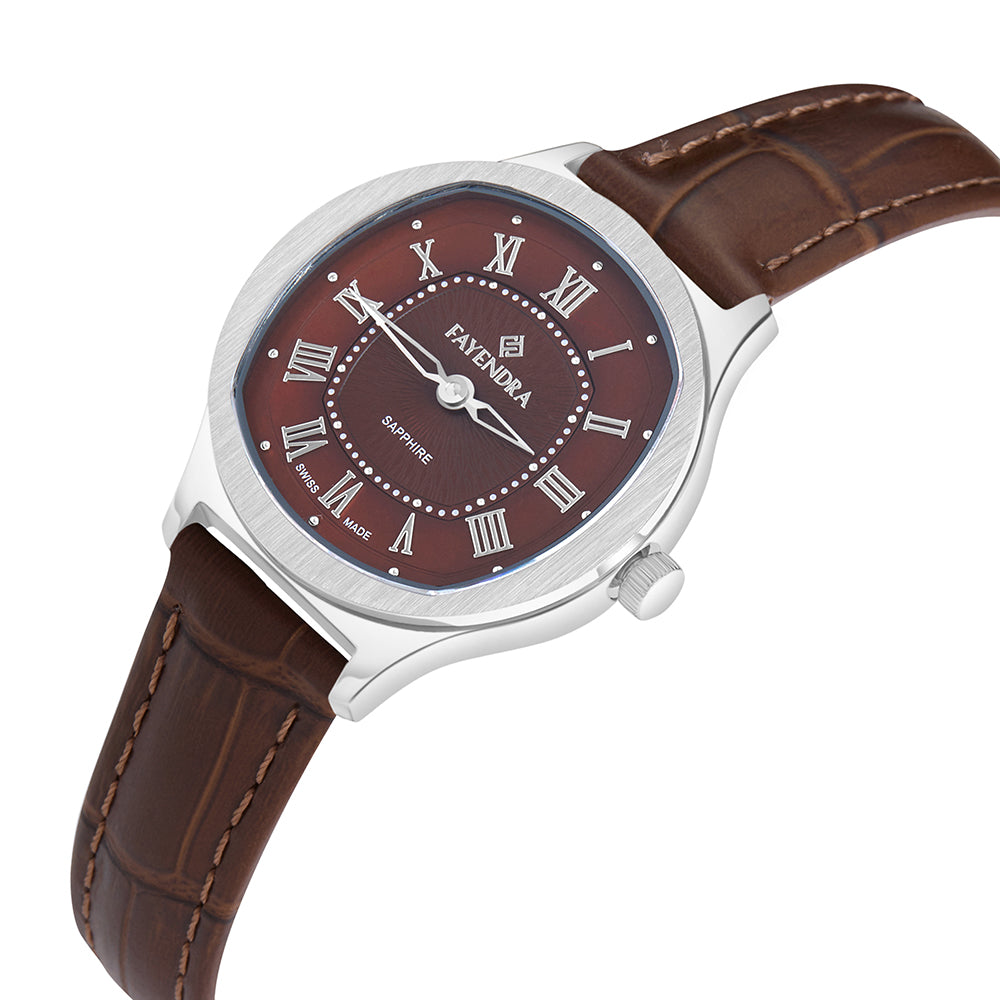 ساعة ستانلس ستيل عيار  L316 بلون فضي جلد بني - مينا حجر صدف ام اللالئ البني