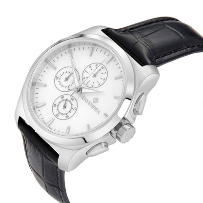 ساعة رجالي ستانلس ستيل عيار L316 بلون فضي جلد اسود - مينا حجر صدف ام اللالئ الابيض