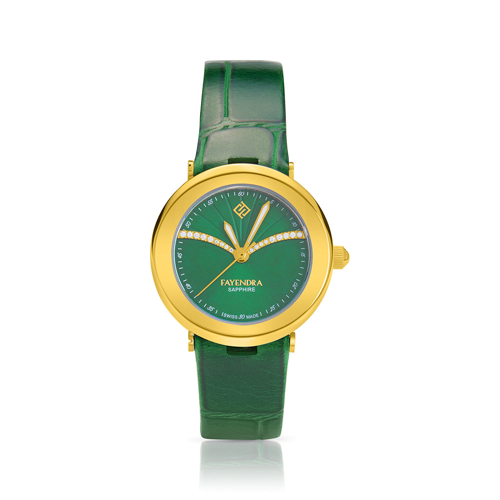 Stainless Steel 316L Watch Golden Color Green Leather And White Zircon - GREEN METAL DIAL