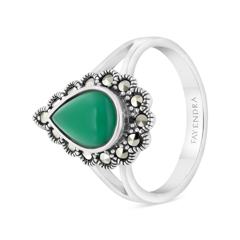 Sterling Silver 925 Ring Embedded With Natural Green Agate And Marcasite Stones