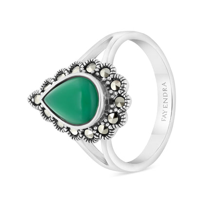 Sterling Silver 925 Ring Embedded With Natural Green Agate And Marcasite Stones