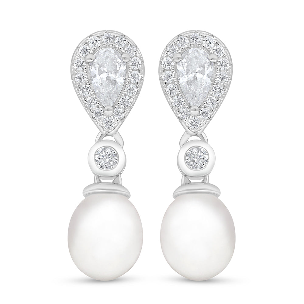 Sterling Silver 925 Earring Rhodium Plated Embedded With Natural White Pearl And White Zircon
