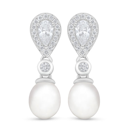 Sterling Silver 925 Earring Rhodium Plated Embedded With Natural White Pearl And White Zircon