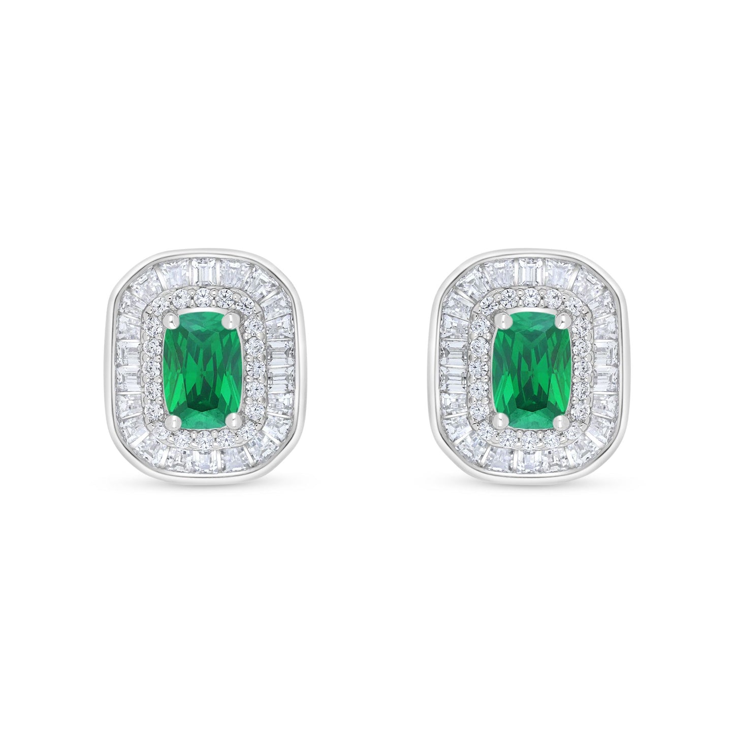 Sterling Silver 925 Earring Rhodium Plated Embedded With Emerald Zircon And White Zircon