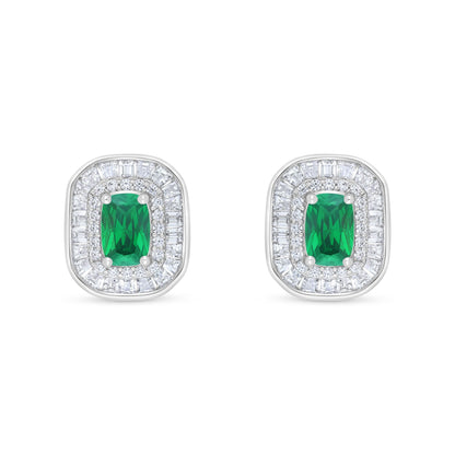 Sterling Silver 925 Earring Rhodium Plated Embedded With Emerald Zircon And White Zircon