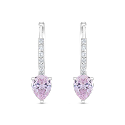 Sterling Silver 925 Earring Rhodium Plated Embedded With Pink Zircon And White Zircon