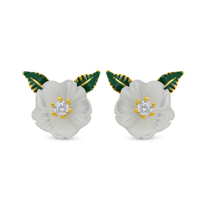 Sterling Silver 925 Earring Golden Plated Embedded With White Shell And White Zircon