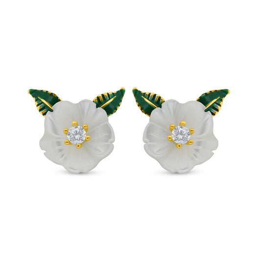 Sterling Silver 925 Earring Golden Plated Embedded With White Shell And White Zircon