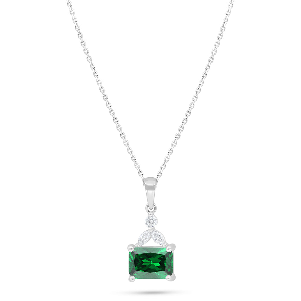 Sterling Silver 925 Necklace Rhodium Plated Embedded With Emerald Zircon And White Zircon