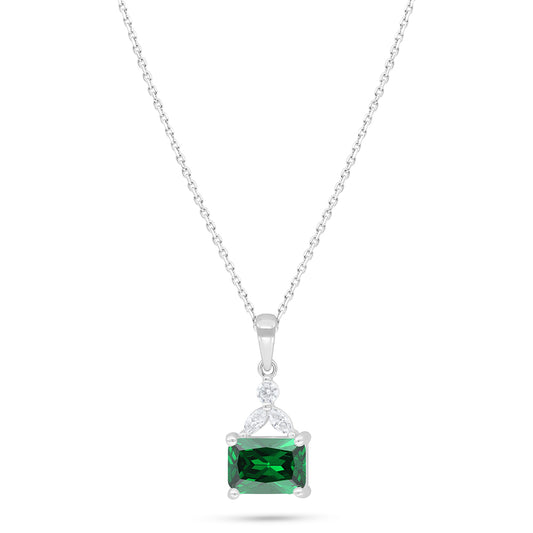 Sterling Silver 925 Necklace Rhodium Plated Embedded With Emerald Zircon And White Zircon
