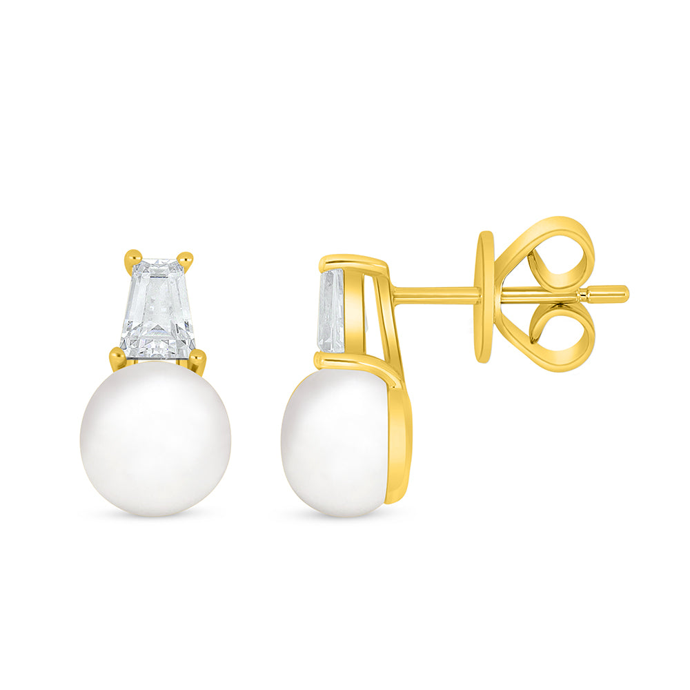 اقراط من الفضة الخالصة عيار 925 مطلية ذهبي مرصعة لولو ابيض طبيعي و فص ابيض