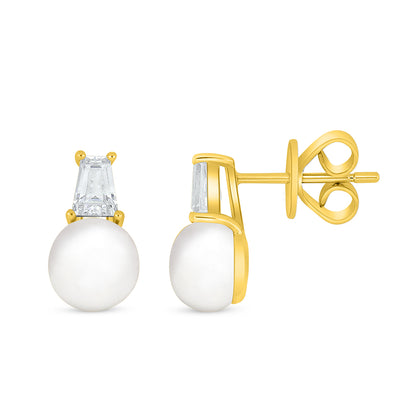 اقراط من الفضة الخالصة عيار 925 مطلية ذهبي مرصعة لولو ابيض طبيعي و فص ابيض