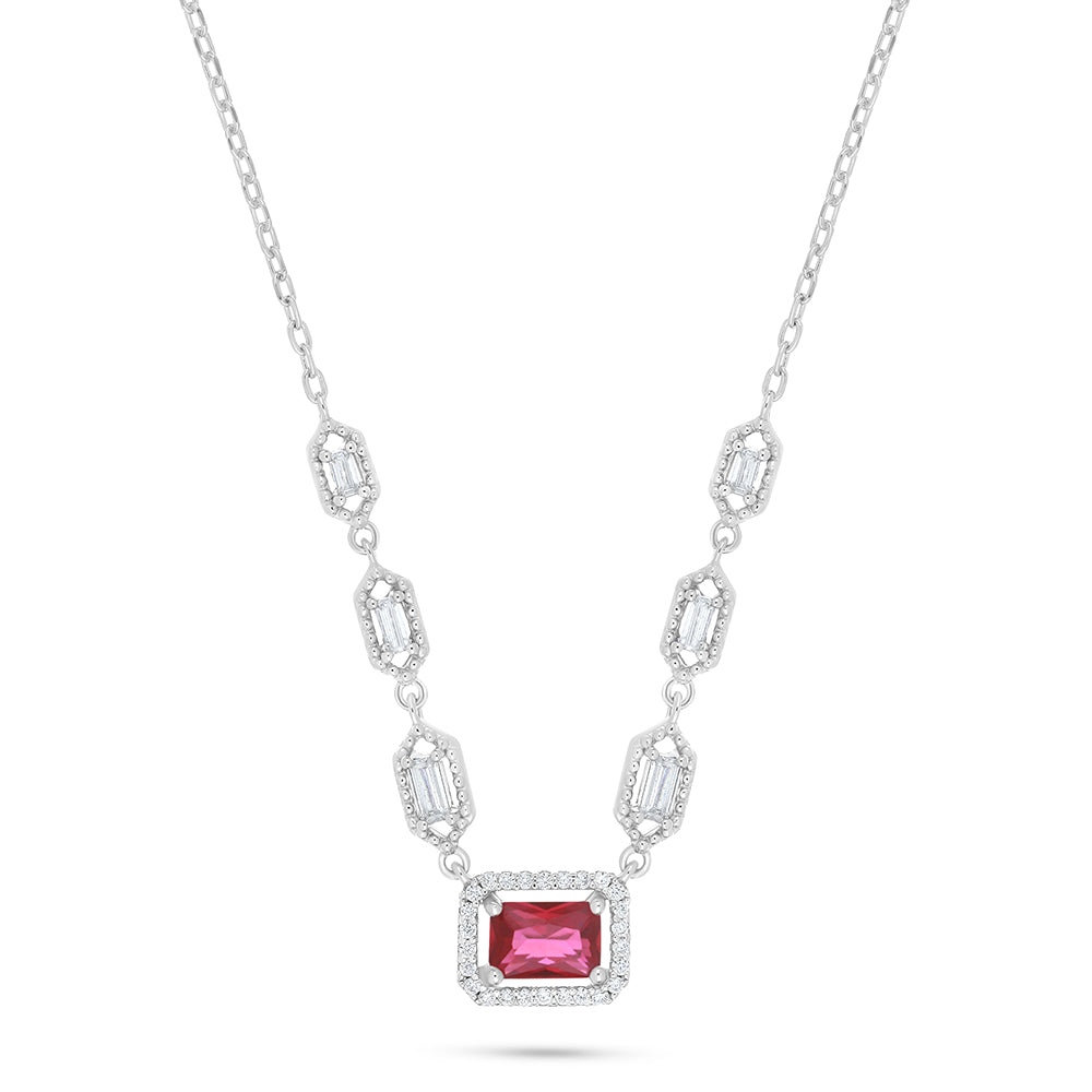 Sterling Silver 925 Necklace Rhodium Plated Embedded With Ruby Corundum And White Zircon