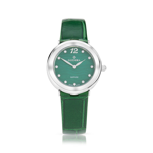 Stainless Steel 316L Watch Silver Color Green Leather And White Zircon - GREEN MOP DIAL