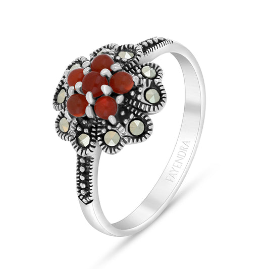 Sterling Silver 925 Ring Embedded With Natural Aqiq And Marcasite Stones