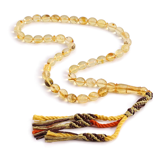 Rosary 45 Embedded With Natural Transparent Amber Olive Beads 8*12 mm And Fabric Tassel