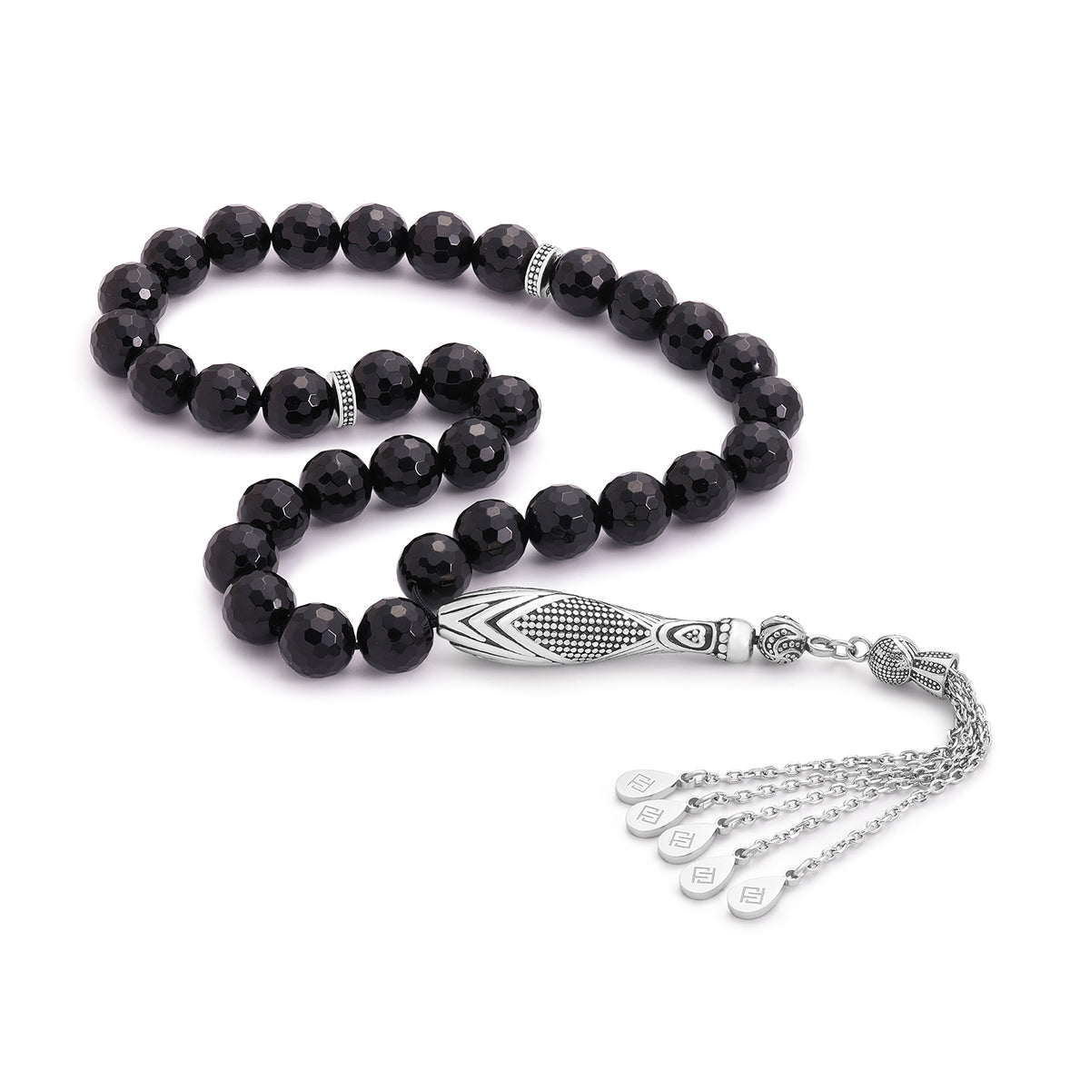 Rosary 33 Black Agete Beads Faceted 8 mm With Stainless Steel 316L Set Silver And Black Plated