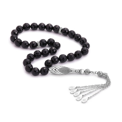 Rosary 33 Black Agete Beads Faceted 8 mm With Stainless Steel 316L Set Silver And Black Plated