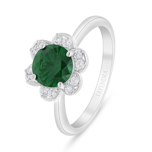 Sterling Silver 925 Ring Rhodium Plated Embedded With Emerald Zircon And White Zircon