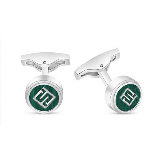 Stainless Steel Cufflink 316L Silver Color Embedded With Malachite Shiny Steel