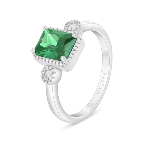 Sterling Silver 925 Ring Rhodium Plated Embedded With Emerald Zircon And White Zircon