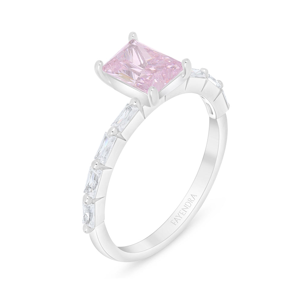 Sterling Silver 925 Ring Rhodium Plated Embedded With Pink Zircon And White Zircon