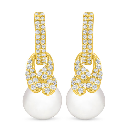 Sterling Silver 925 Earring Golden Plated Embedded With Natural White Pearl And White Zircon